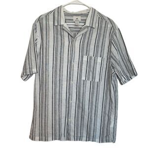 H&M Linen Casual White Striped Shirt Mens Large Beachy Vacation Button Up Light